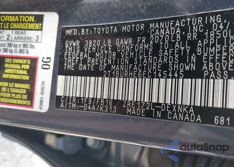2014 Toyota Corolla Le z USA, uszkodzony, nr VIN 2T1BURHE6EC145445